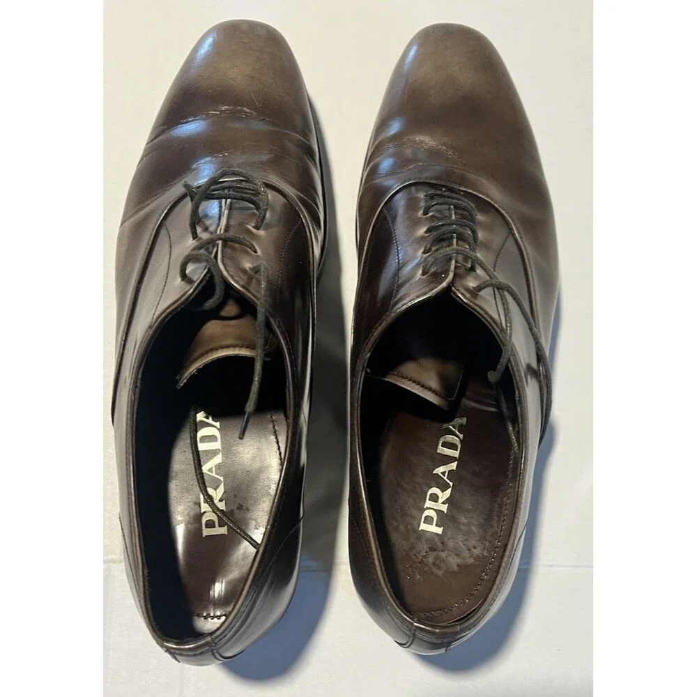 Prada leather Shoes Men 10 Brown Lace Oxford - Picture 4 of 12